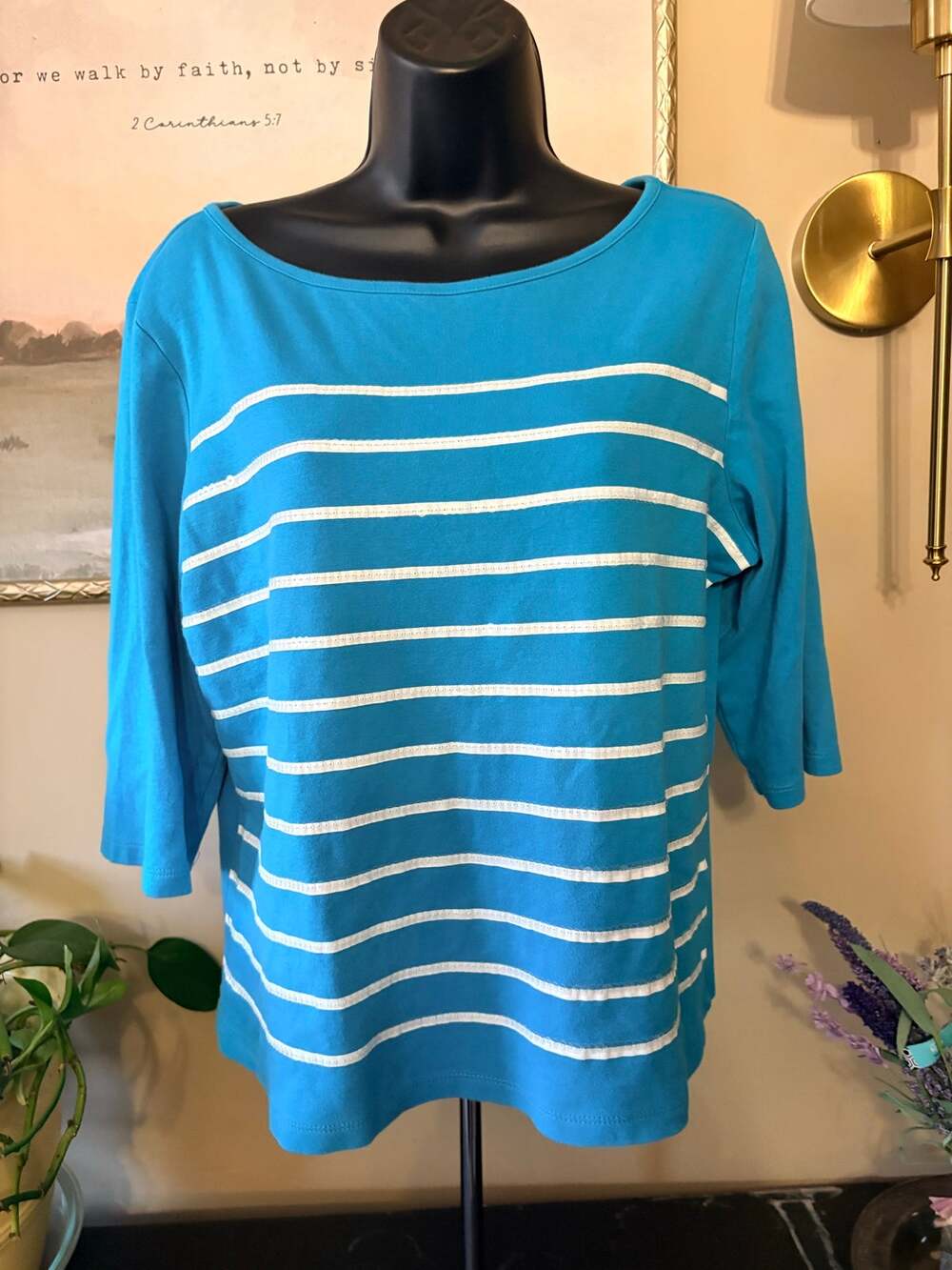 Christopher & Banks Petite XL Shirt Top Blue White Striped 3/4 Sleeve P/XL